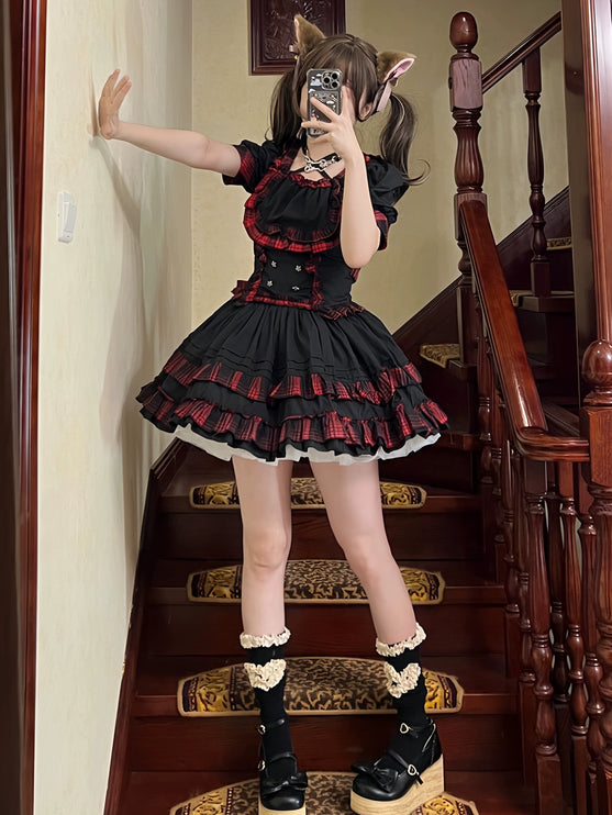 Punk Rock Lolita Two-Piece Skirt Set – Bold Plaid Accents & Lace Trim Gothic Ensemble