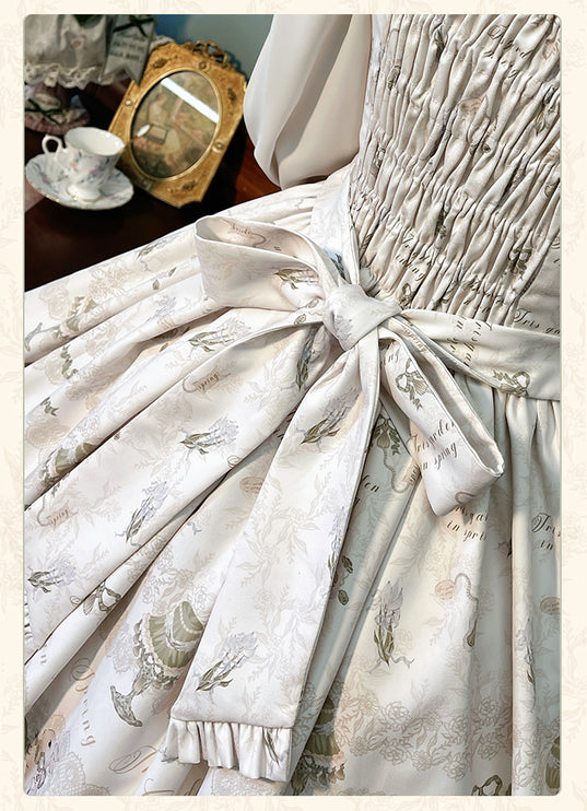 Whimsical Floral Lolita Dress – Tiered Skirt with Detachable Bows & Crisscross Ribbon Details