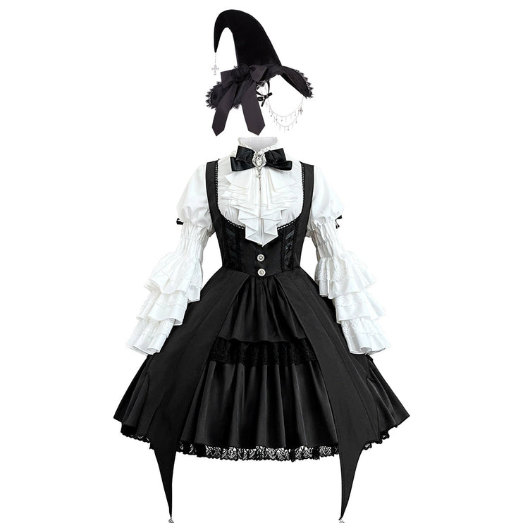 Gothic Sorceress Lolita Set - Witch-Inspired Suspender Dress with Ruffled Blouse and Enchanted Hat