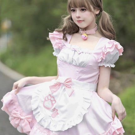 S-XXXXXL Pink Maid Cos Costume with Cat's Paw Apron OP Kitty Lolita Dress