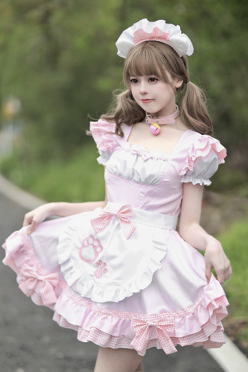 S-XXXXXL Pink Maid Cos Costume with Cat's Paw Apron OP Kitty Lolita Dress