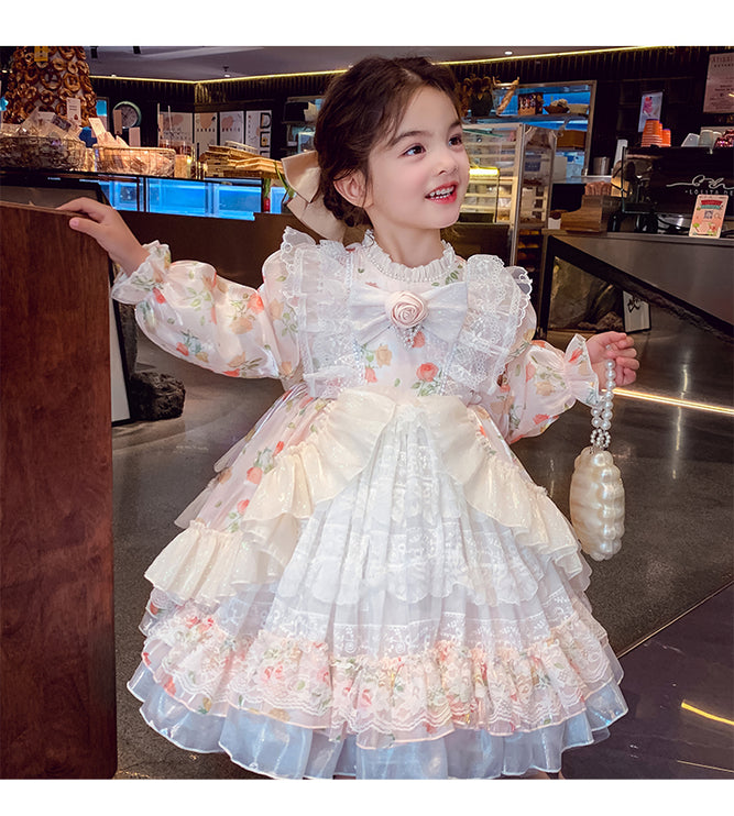 Charming Pastel Pink Lolita Dress for Girls - Floral Embellished, Multi-Layered Skirt