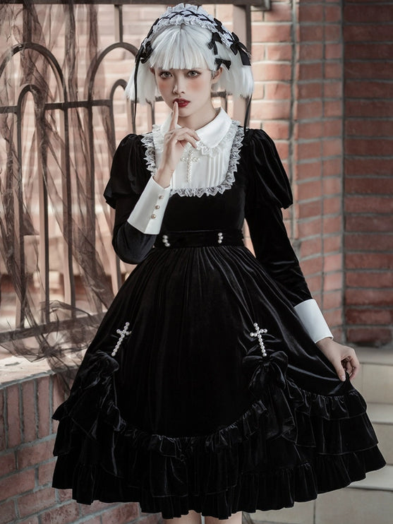 Midnight Cross Velvet Lolita Dress - Gothic OP with Pearl and Lace Accents