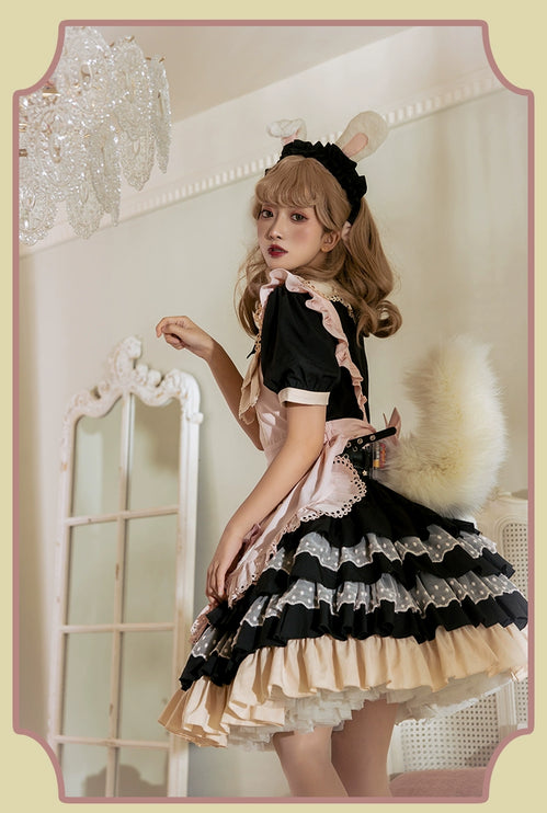 Sweet Pink Lolita Apron with Puff Sleeves OP Maid Lolita Dress