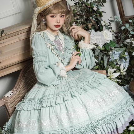 L-4XL Vintage Victorian Charm Lolita OP Dress – Elegant Ruffled Embroidery in Lavender-Gray