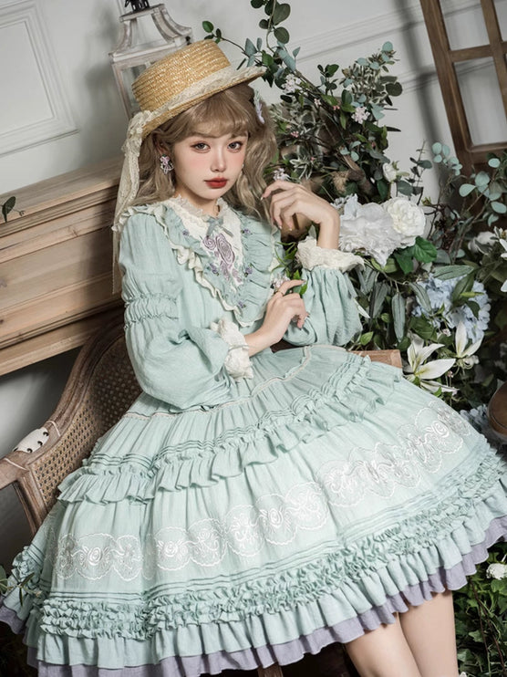 L-4XL Vintage Victorian Charm Lolita OP Dress – Elegant Ruffled Embroidery in Lavender-Gray