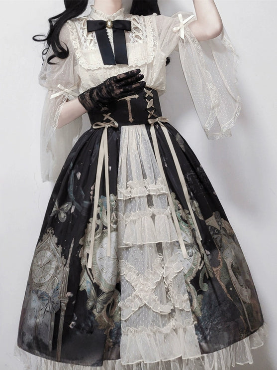 Victorian Gothic Lolita 4-Piece Set, Skirt with Baroque Print and Cross Lace