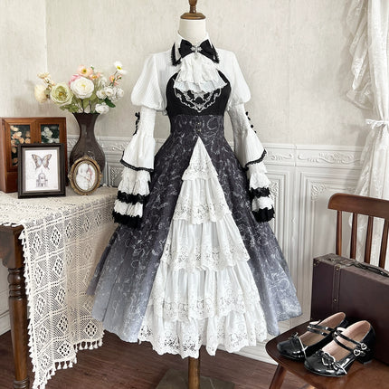 Gothic Victorian Lolita Set – High-Neck Lace Blouse & Gradient Layered JSK with Embroidered Bodice and Ruffled Sleeves