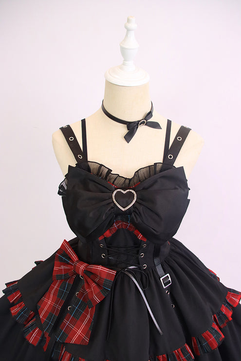 Elegant Gothic Lolita JSK with Heart Embellishment and Plaid Accents