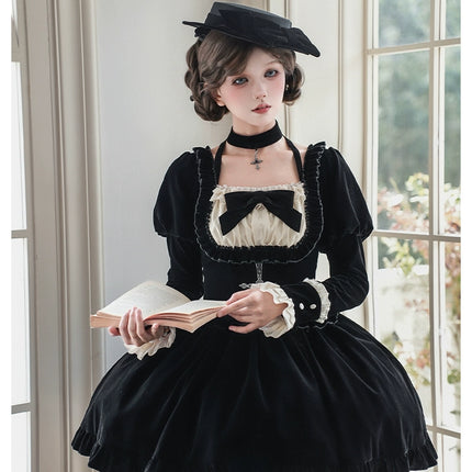 Square Neck Waist Boned Velvet OP Lolita (Gemini Winter Collection)