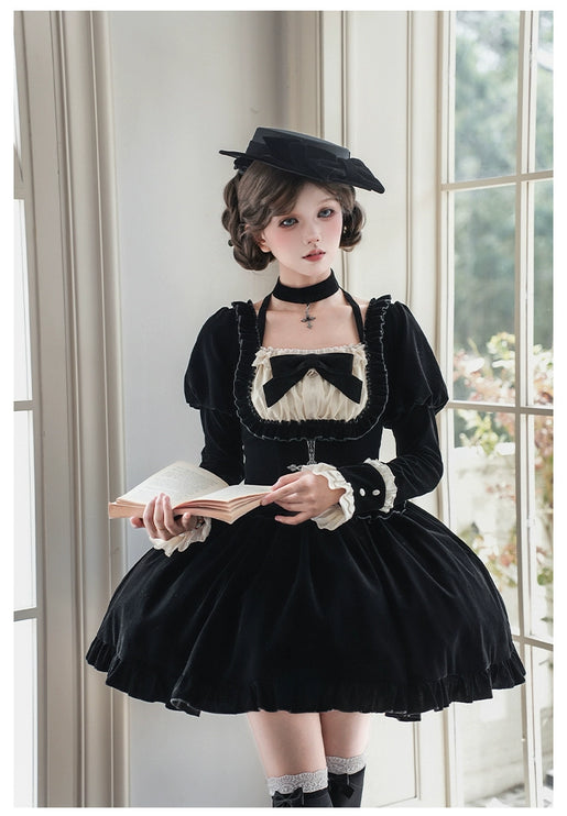 Square Neck Waist Boned Velvet OP Lolita (Gemini Winter Collection)