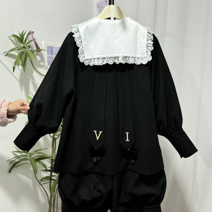 European Prince Lolita Cape Set – Black Jacket with Puff Shorts and Lace Collar Blouse