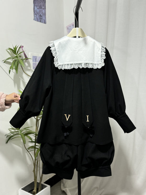 European Prince Lolita Cape Set – Black Jacket with Puff Shorts and Lace Collar Blouse