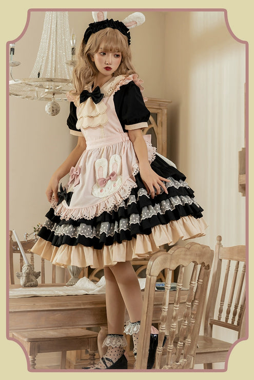 Sweet Pink Lolita Apron with Puff Sleeves OP Maid Lolita Dress