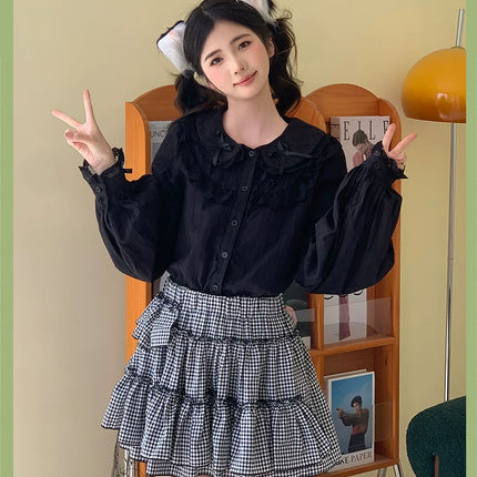 Lace - adorned Long - sleeved Blouse with Fluffy Cuffs, Exuding Delicate Femininity