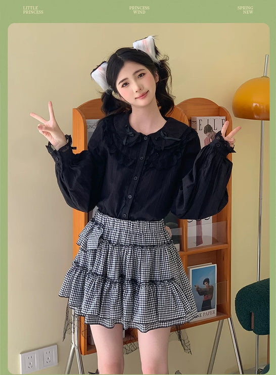 Lace - adorned Long - sleeved Blouse with Fluffy Cuffs, Exuding Delicate Femininity