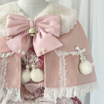 Lolita Capelette Dress Set with Bow - detail and Lace Trim, Pastel Pink and White Color Scheme