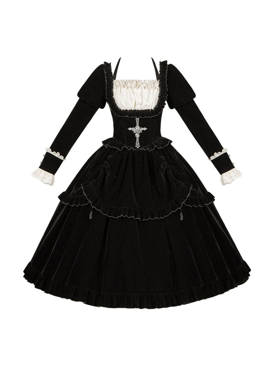 Square Neck Waist Boned Velvet OP Lolita (Gemini Winter Collection)