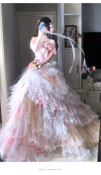 Elegant Formal Dress for Graduation, Coming-of-Age Ceremony, or Princess Wedding with Sweet Floral Bridal Style