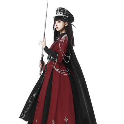 Gothic Military Lolita OP Dress – Black & Red with Silver Embroider