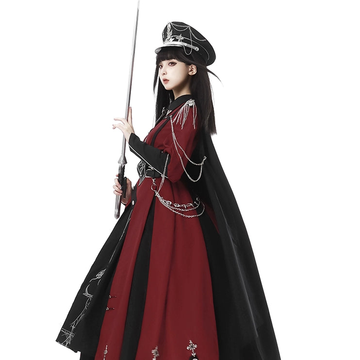Gothic - style Long Cloak - holding Design, Embellished with Intricate Silver Patterns and Elegant Hat