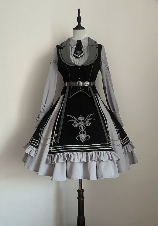 Gothic Lolita Dress with Tailored Vest and Embroidered Design