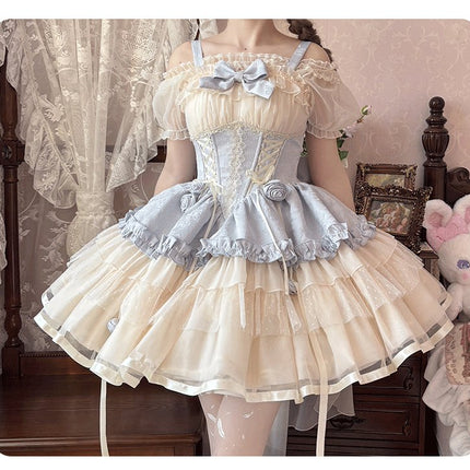 Sweet Lolita Off - the - Shoulder Dress with Tulle Skirt and Ribbon Details