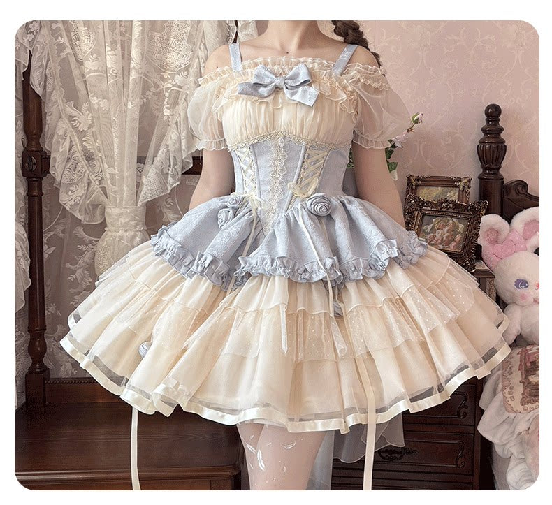 Sweet Lolita Off - the - Shoulder Dress with Tulle Skirt and Ribbon Details