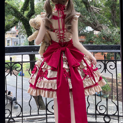 Cherry Orchard Vintage Lolita Dress - Tiered JSK with Apron and Bow Accents