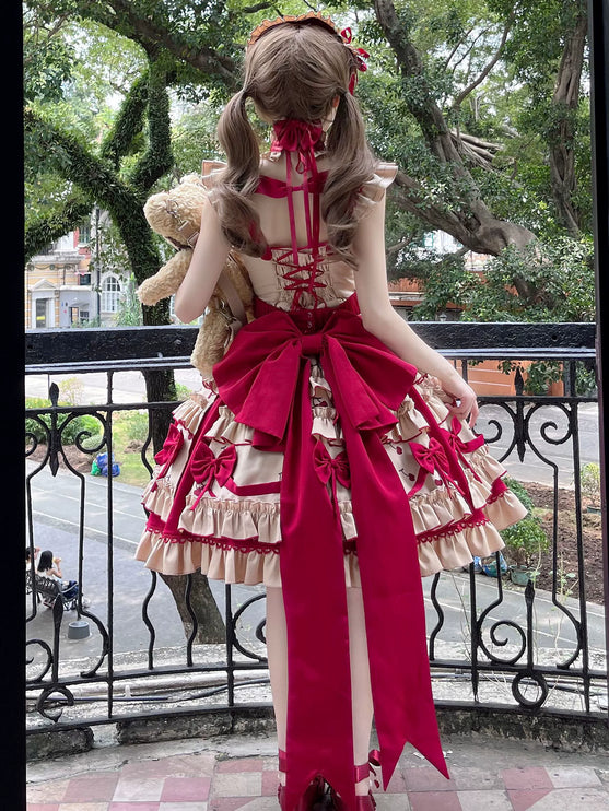 Cherry Orchard Vintage Lolita Dress - Tiered JSK with Apron and Bow Accents