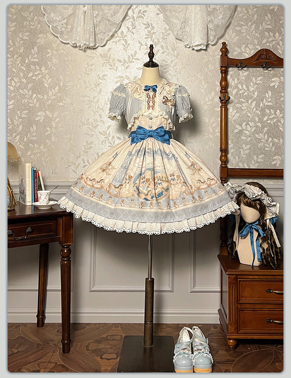 Elegant Cream Floral Lolita OP Dress with Detachable Apron - Multiple Colors Available