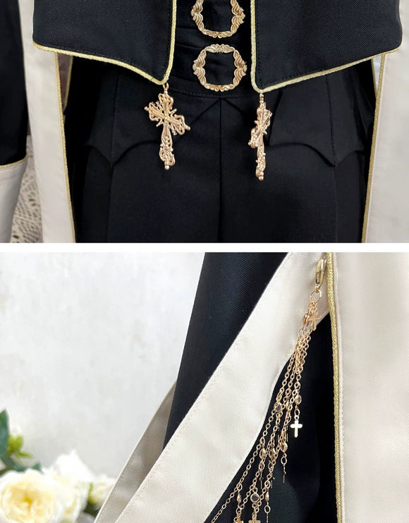 Modern Gothic Prince Suit – Courtly Black Jacket with Embroidered Sash and Ruffled Blouse