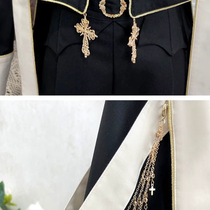 Modern Gothic Prince Suit – Courtly Black Jacket with Embroidered Sash and Ruffled Blouse