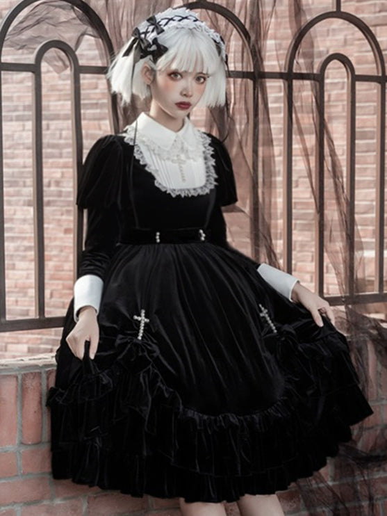 Midnight Cross Velvet Lolita Dress - Gothic OP with Pearl and Lace Accents