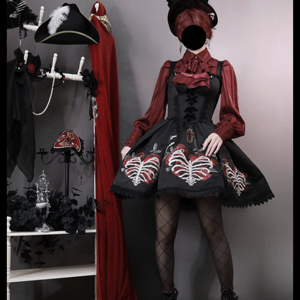 S-XL Skeleton Fishbone Skirt JSK Embroidered Beaded Dark Mysterious Dress Lolita Gown