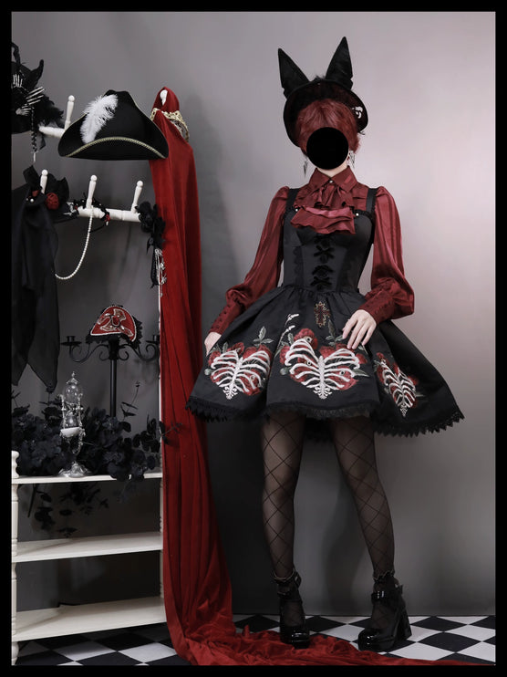 S-XL Skeleton Fishbone Skirt JSK Embroidered Beaded Dark Mysterious Dress Lolita Gown