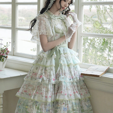 Elegant Vintage Floral Lolita JSK with Ruffled Details and Adjustable Waist Ties