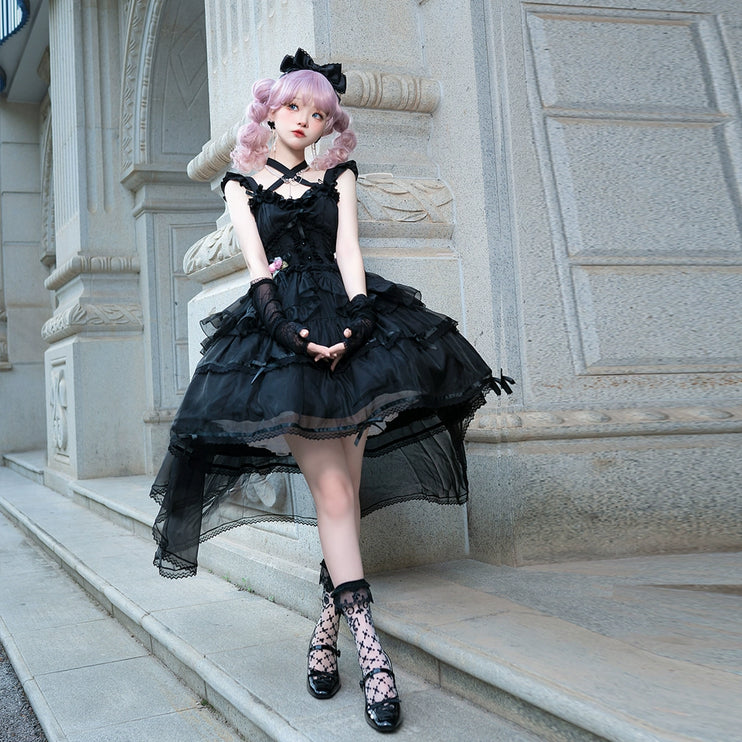 Elegant, lightweight wedding-style Lolita dress with a ballet-girl silhouette and ruffled details, inspired by cotton-candy motifs