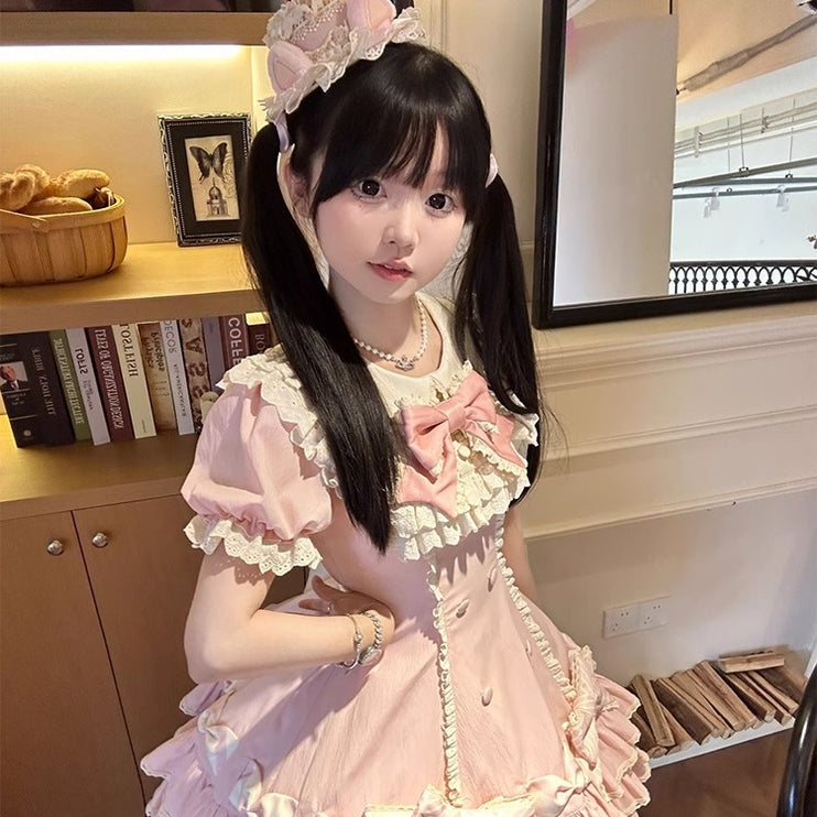 Vintage-Inspired Pink Tiered OP Lolita Dress with Striped Bows