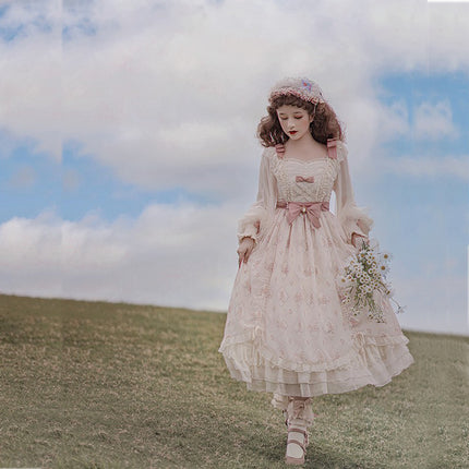 Elegant Cream Lolita Dress with Floral Embroidery and Ruffled Skirt