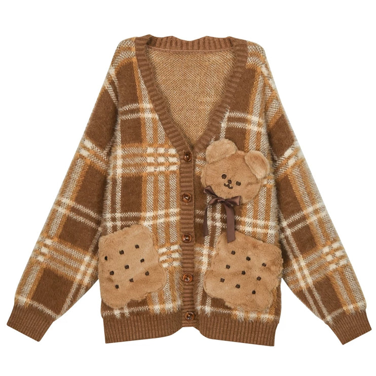 Romantic Ruffled Peter Pan Blouse, Sweet Bear Patch & Cookie Pocket Cozy Plaid Cardigan