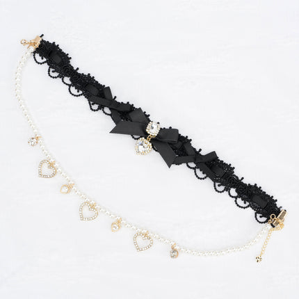 Edgy Punk Style Elaborate Double-Layer Necklace with Pearls and Gemstone Choker Lolita Collarbone Chain