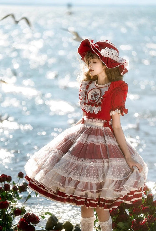 Elegant Country Style Red Lolita OP with Whimsical Embroidery and Ruffled Trims