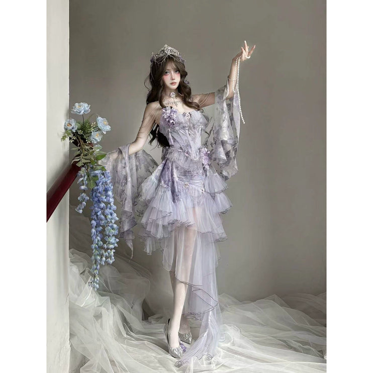 Dreamy Lavender Lolita Gown with Floral Embellishments, Layered Tulle Skirt