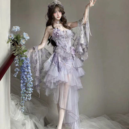 Dreamy Lavender Lolita Gown with Floral Embellishments, Layered Tulle Skirt