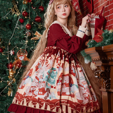 Christmas Teddy Lolita OP: Sweet High-Waist Princess Dress