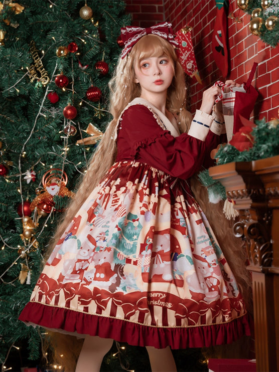 Christmas Teddy Lolita OP: Sweet High-Waist Princess Dress