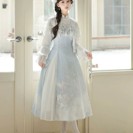 Light - blue Traditional Chinese - style Dress with Delicate Floral Embroidery and Sheer Sleeves