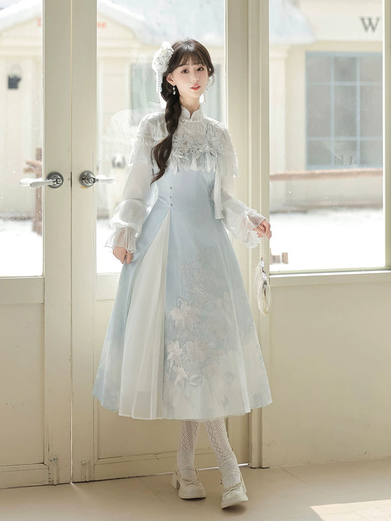 Light - blue Traditional Chinese - style Dress with Delicate Floral Embroidery and Sheer Sleeves