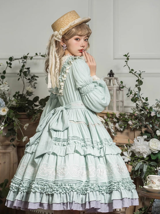 L-4XL Vintage Victorian Charm Lolita OP Dress – Elegant Ruffled Embroidery in Lavender-Gray